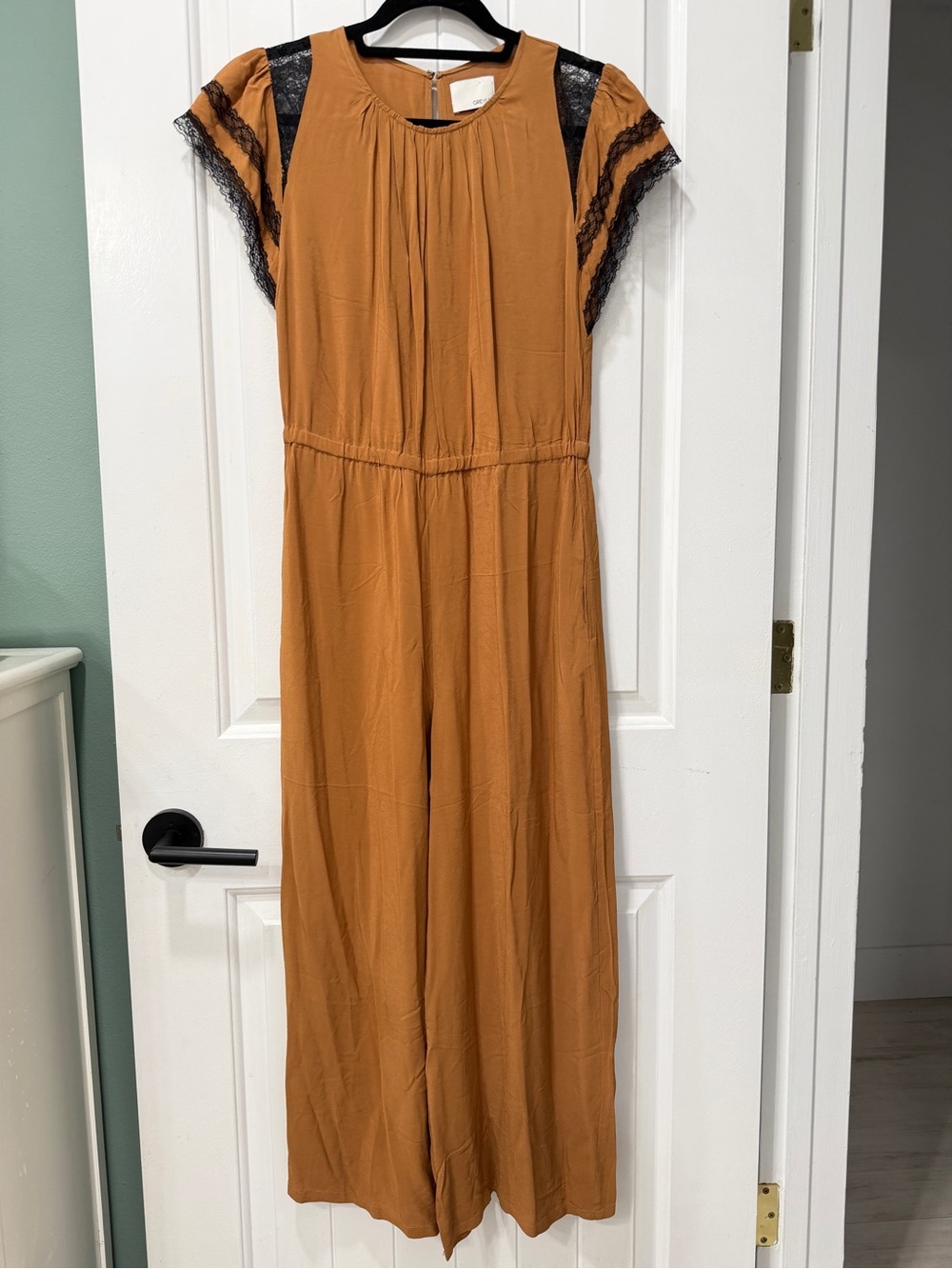 Greylin Women's Dark Mustard Yellow Lace-Trim Jumpsuit